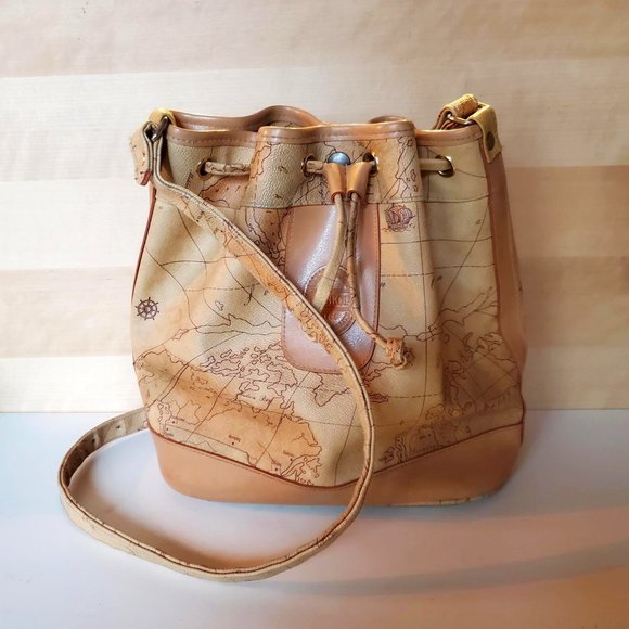 Maskof Italy Vintage World Map Bucket Bag Tan Neutral Vegan Leather - Picture 1 of 14